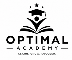 Optimal Academy logo with black book, graduation cap, and stars, plus the slogan &ldquo;Learn. Grow. Succeed.&rdquo;