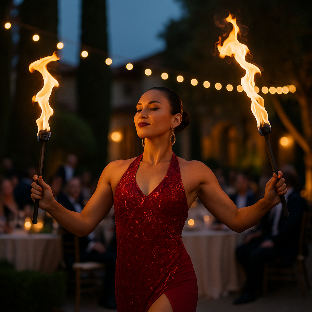 female fire dancer in a red sequin dress performs outdoors at night, holding two flaming torches with a poised expression.