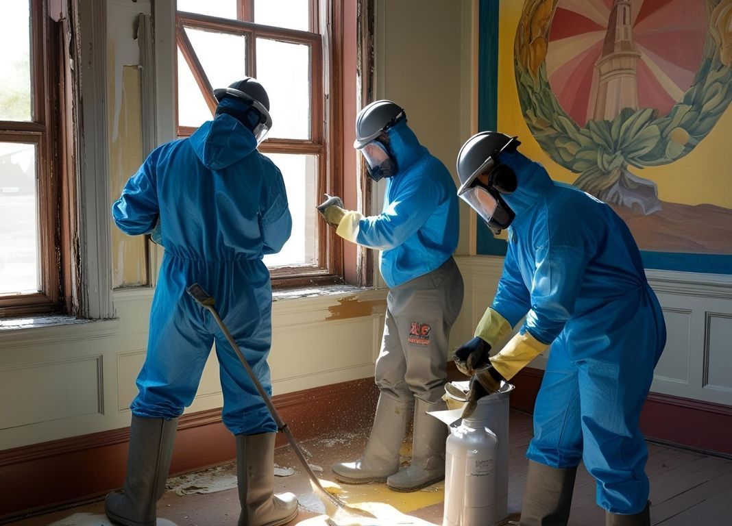 Three workers in blue protective suits painting a room near windows and a mural wall.