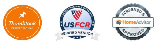 Three trust badges: Thumbtack, USFCR Verified Vendor, and HomeAdvisor Screened & Approved logos.
