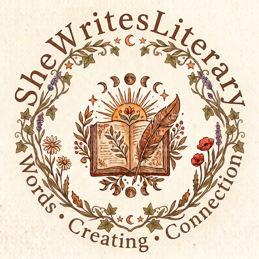 Circular logo for SheWritesLiterary with open book, sun, floral wreath, and words Creating Connection