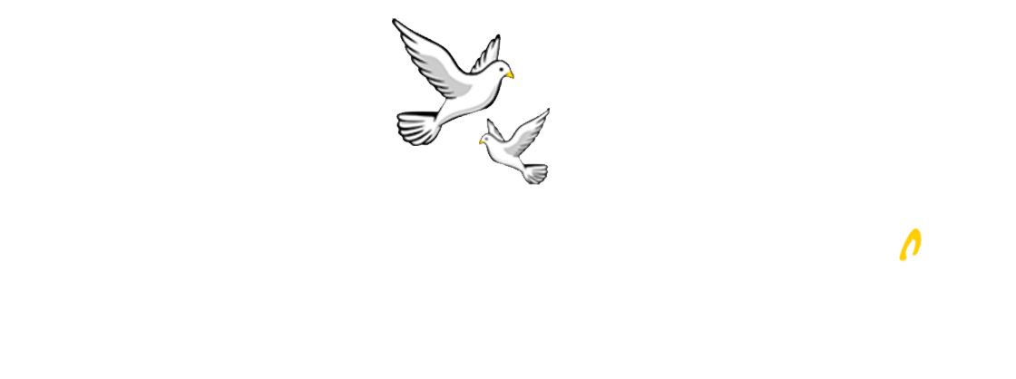 Two white doves flying against a white background with a small golden circular shape on the right.