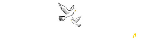 Two white doves flying against a white background with a small golden circular shape on the right.