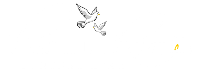 Two white doves flying against a white background with a small golden circular shape on the right.