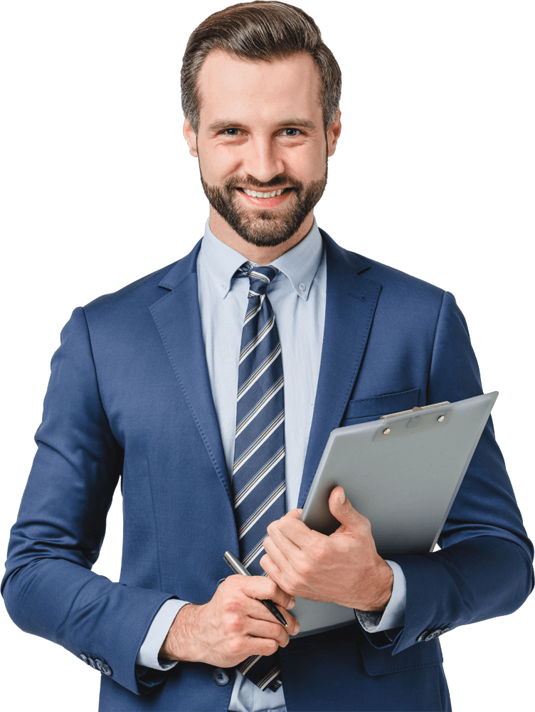 professional holding pen and clipboard while smiling at camera