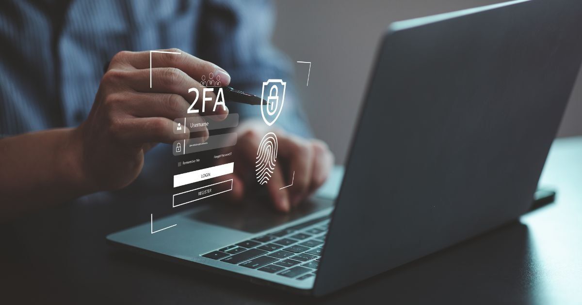 Person logging into a laptop, overlaid with a digital 2FA security interface featuring a fingerprint and shield icon.