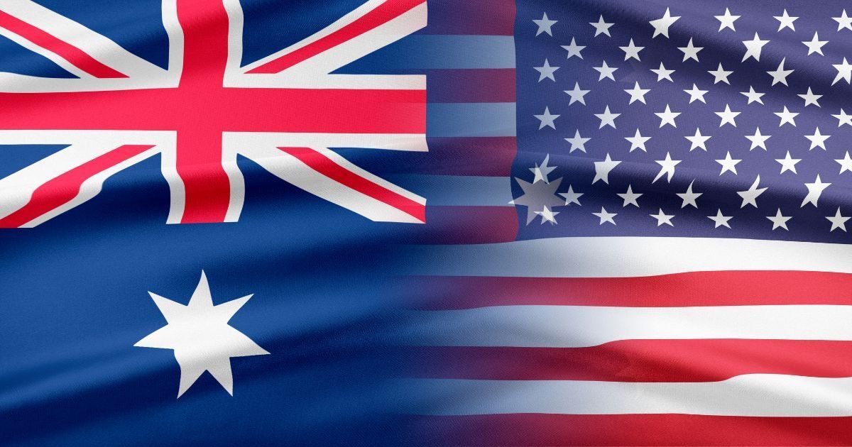 Australian and United States flags merging, representing the countries' partnership.