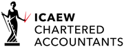 Logo for ICAEW Chartered Accountants, featuring a stylized silhouette of Justice and the organization's name in black text.