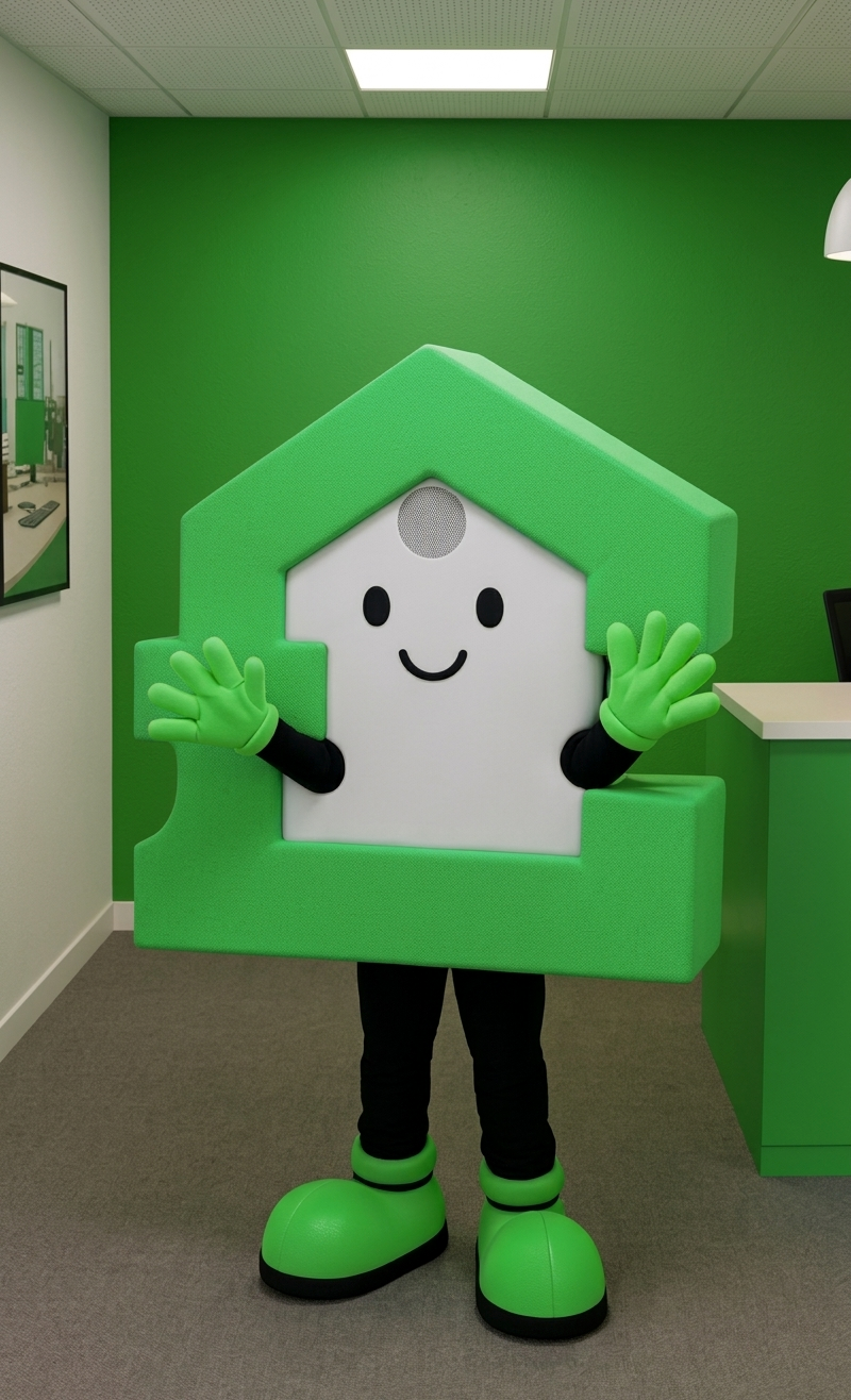 A mascot shaped like a green house with a smiling face stands in a TaxStore office, waving its green-gloved hands.