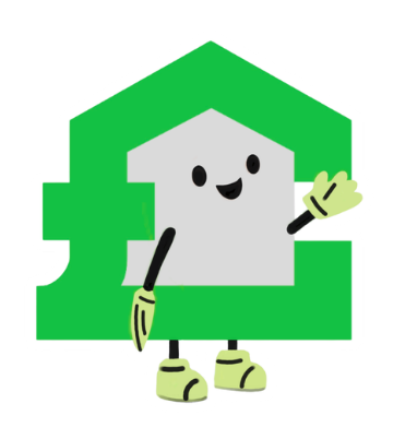 A cheerful grey house character with a friendly face, arms, and legs standing in front of a large green pound sterling sign.