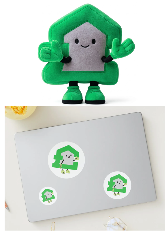 A plush green house mascot, TaxStore, shown alone and as three circular stickers on a laptop lid.