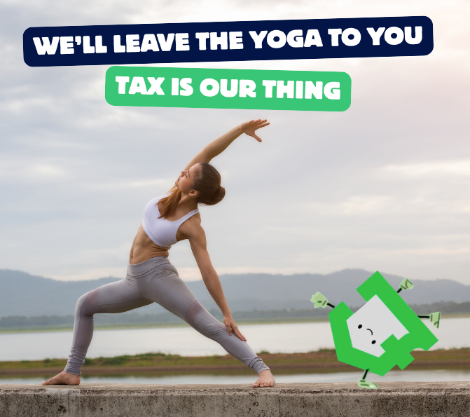 A person practicing yoga outdoors with a small, green, anthropomorphic character performing a handstand nearby.