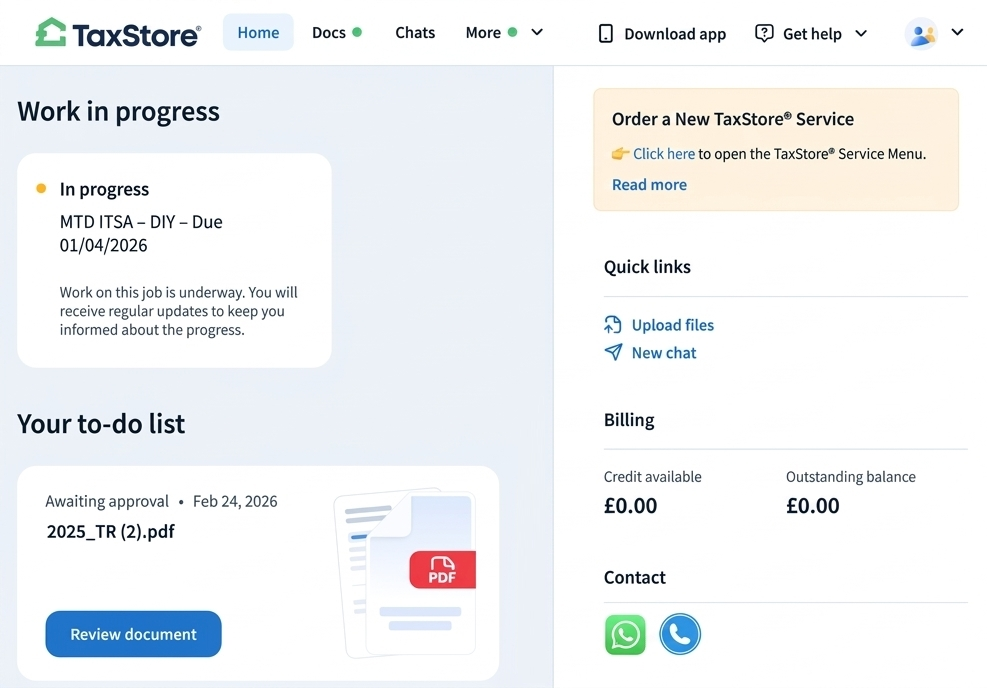 TaxStore dashboard showing a work in progress, a document for review in the to-do list, and billing information.
