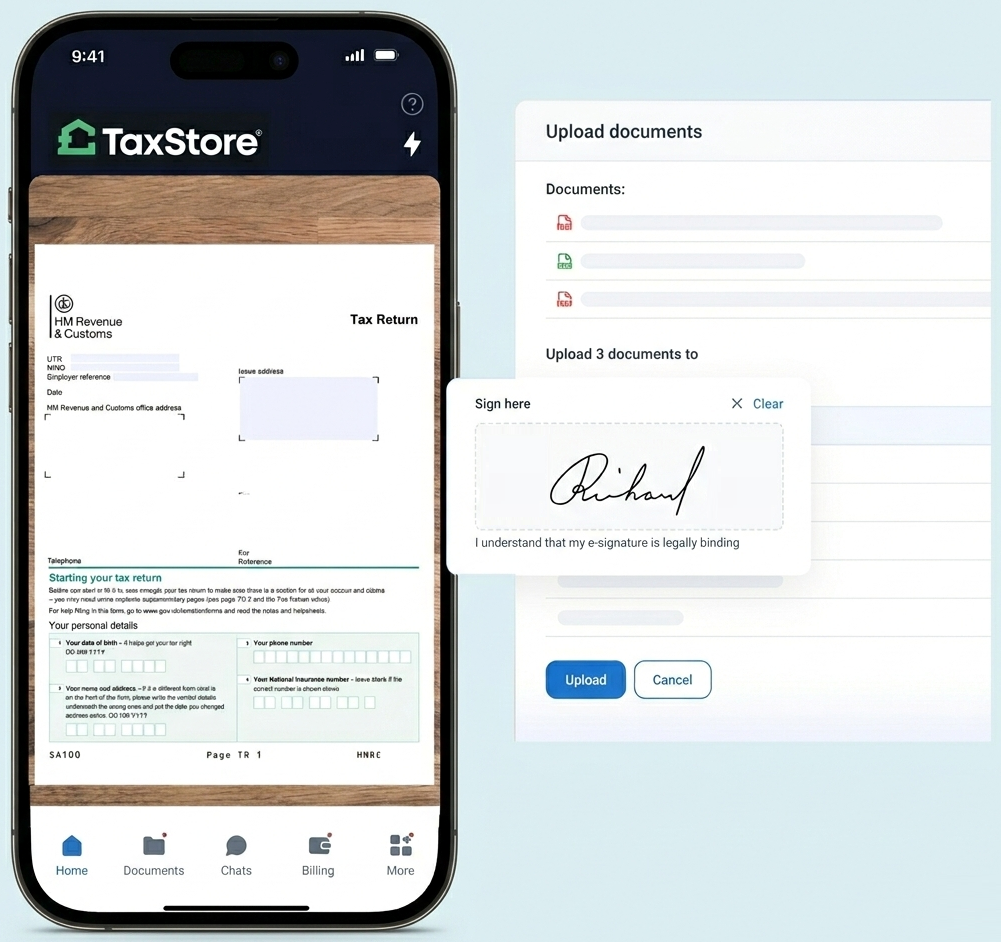 Smartphone app TaxStore displaying a digital tax return form, document upload options, and a signature field overlay.