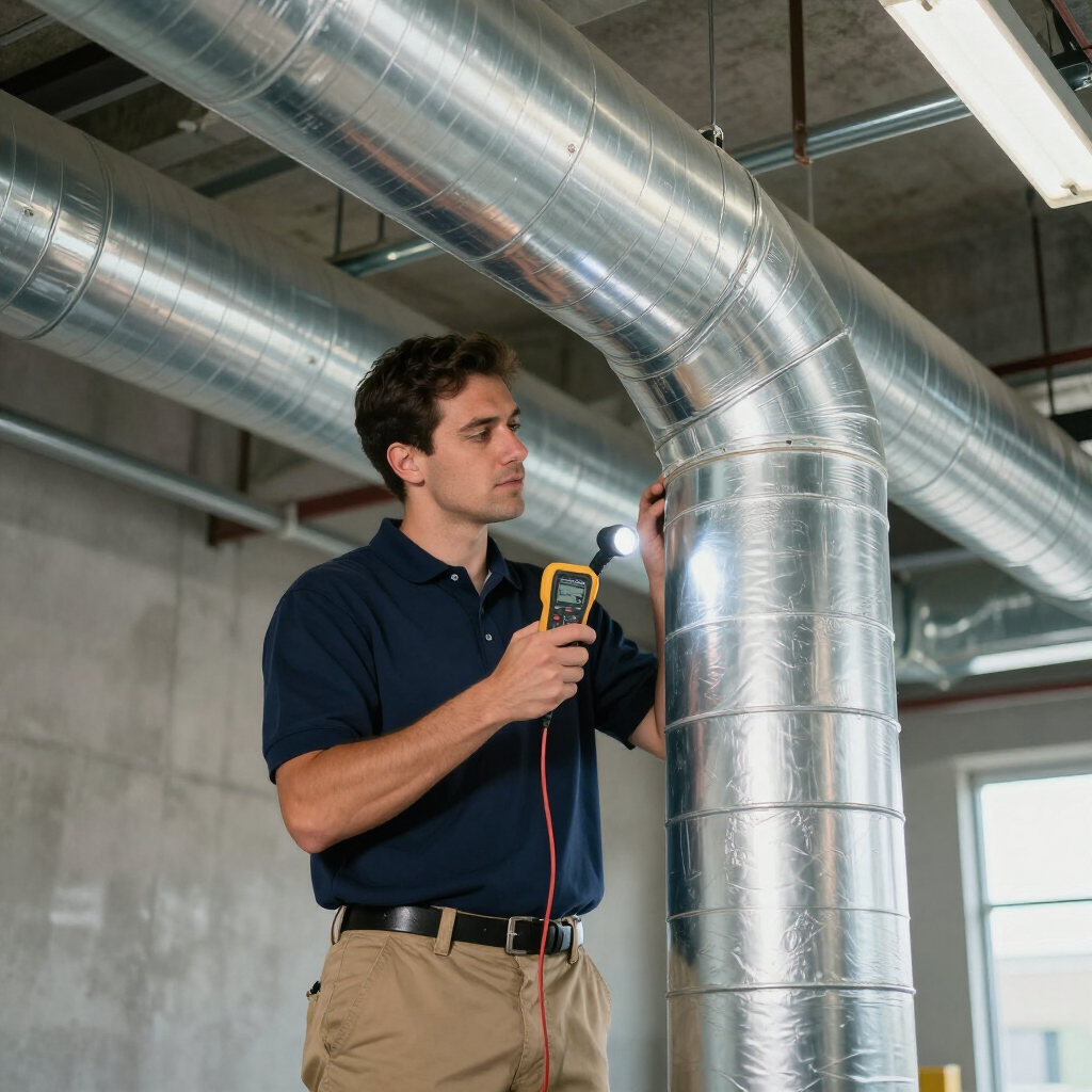 A worker in a blue polo shirt uses a handheld diagnostic tool to test a large silver industrial duct in a concrete room. A worker in a blue polo shirt uses a handheld diagnostic tool to test a large silver industrial duct in a concrete room.