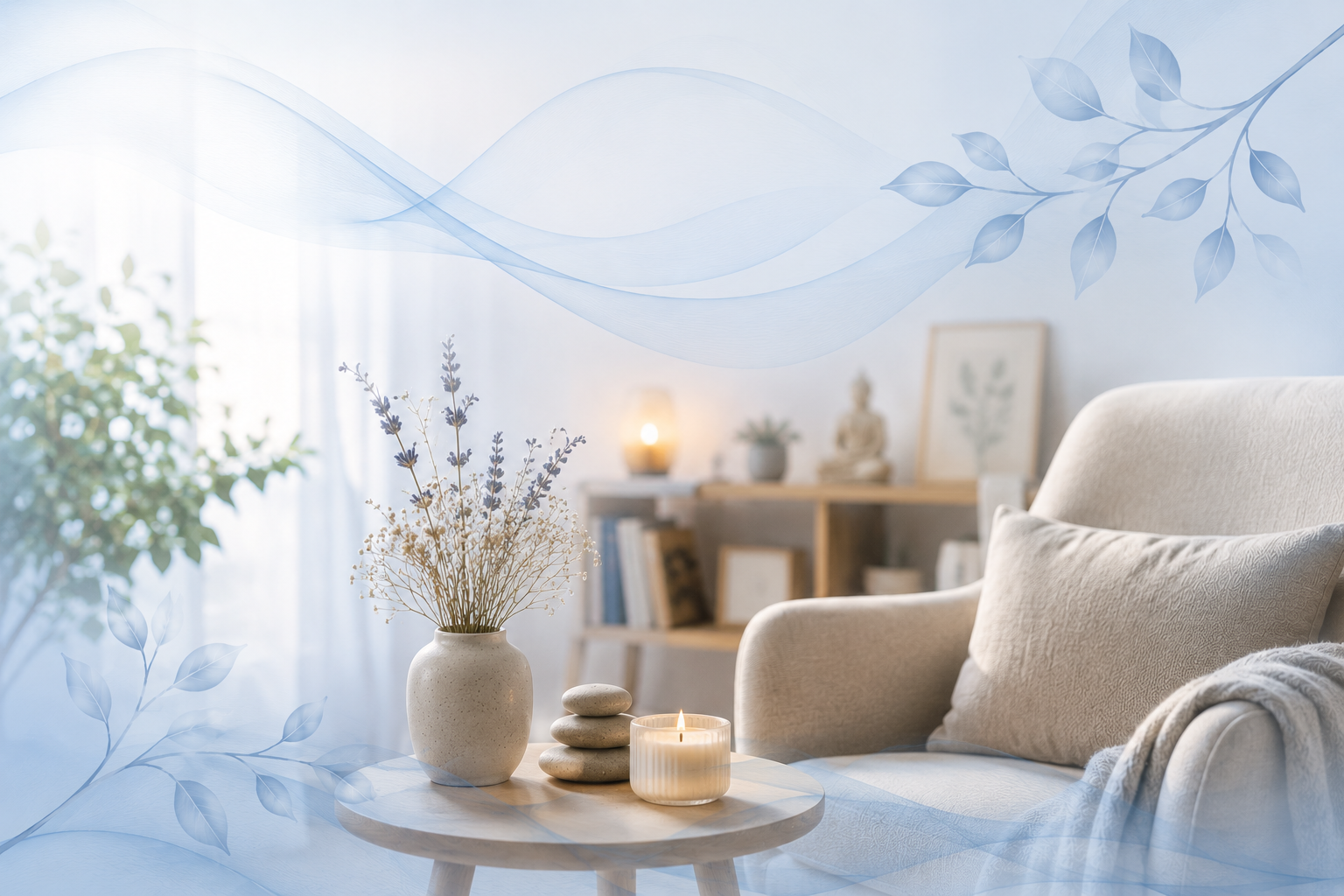 Sala de estar luminosa y acogedora con silla beige, velas, flores y un cuadro de pared en tonos azul suave.