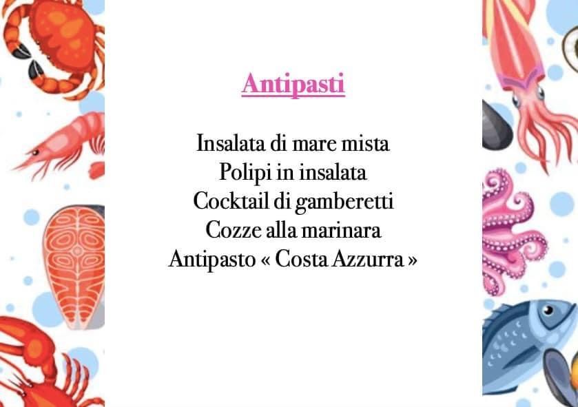 Menù per antipasti: piatti di pesce con illustrazioni colorate.