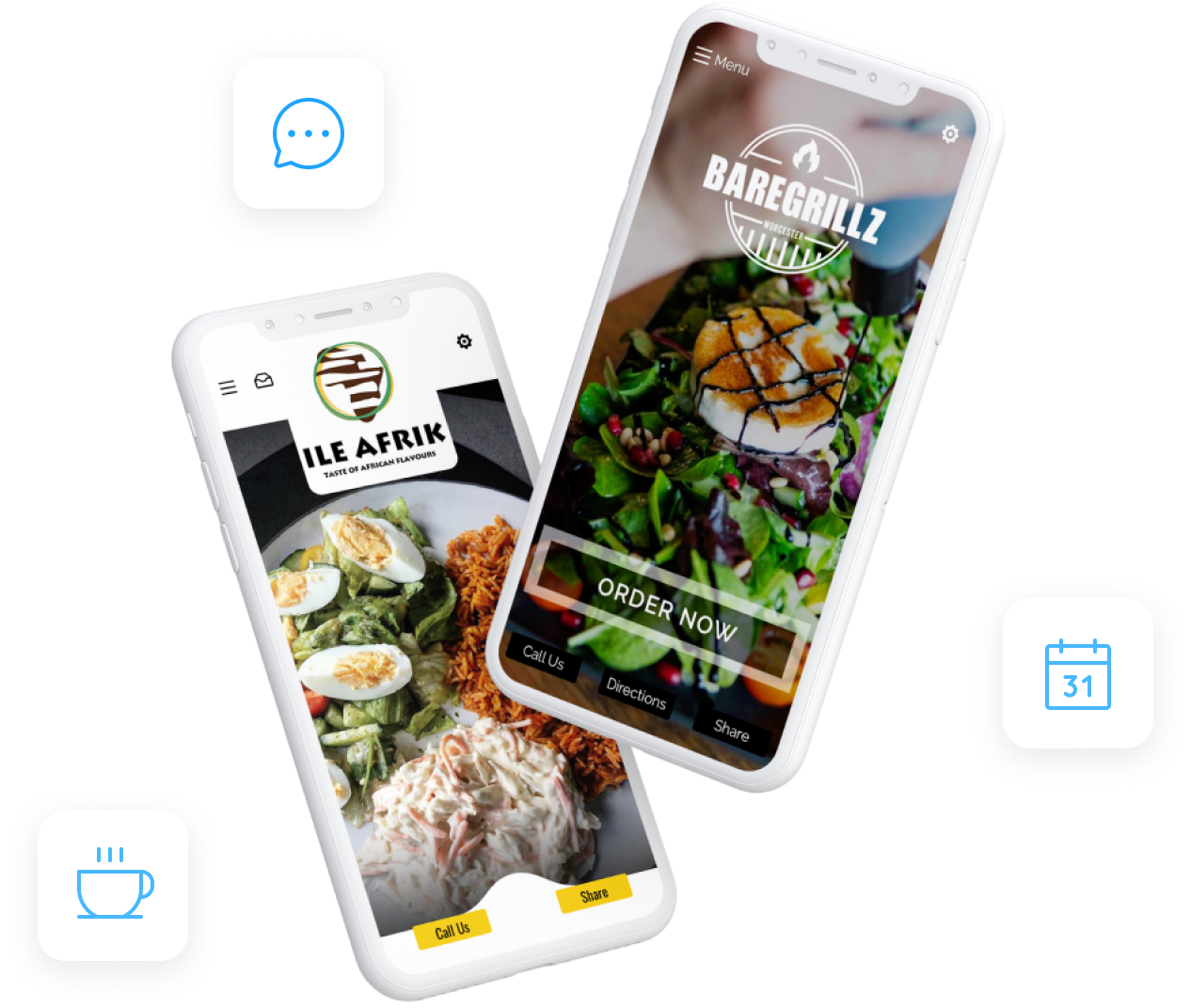 two phones with food on the screens are sitting next to each other .