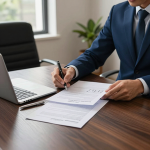 Businessman signing documents at a desk beside a laptop in an office