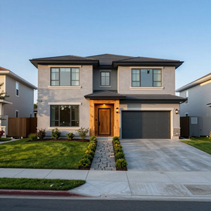 Modern two-story suburban house with gray exterior, black garage door, and landscaped front yard at dusk