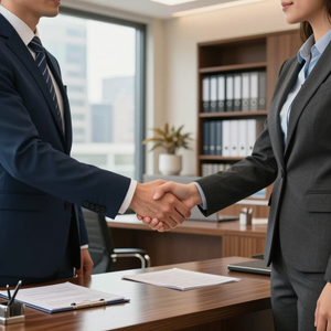 Two businesspeople in suits shaking hands across an office desk