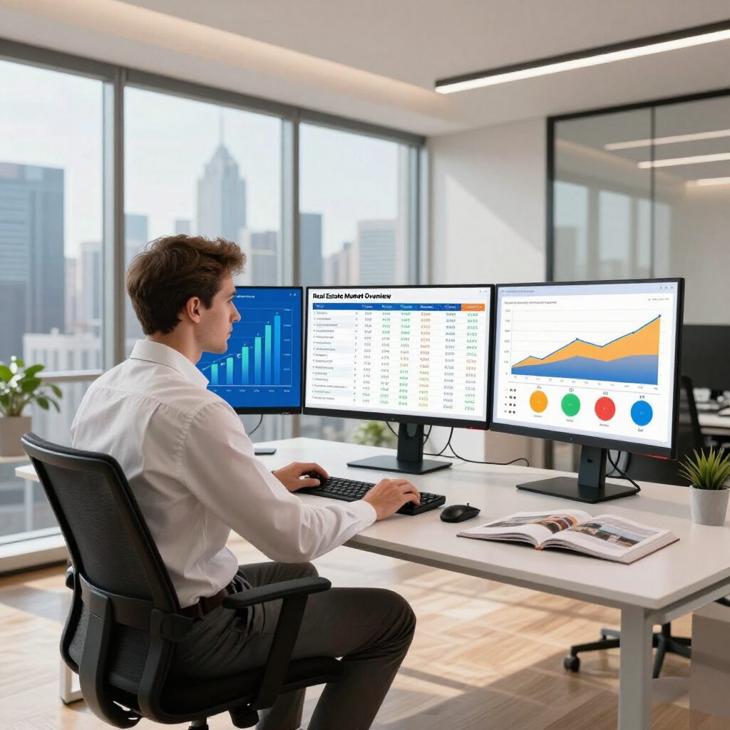 Person at a desk with three monitors showing charts and analytics in a bright modern office.