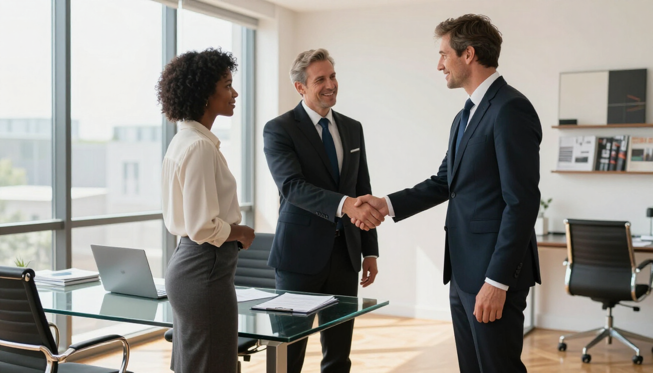 Three professionals in business attire shaking hands in a bright office meeting room.