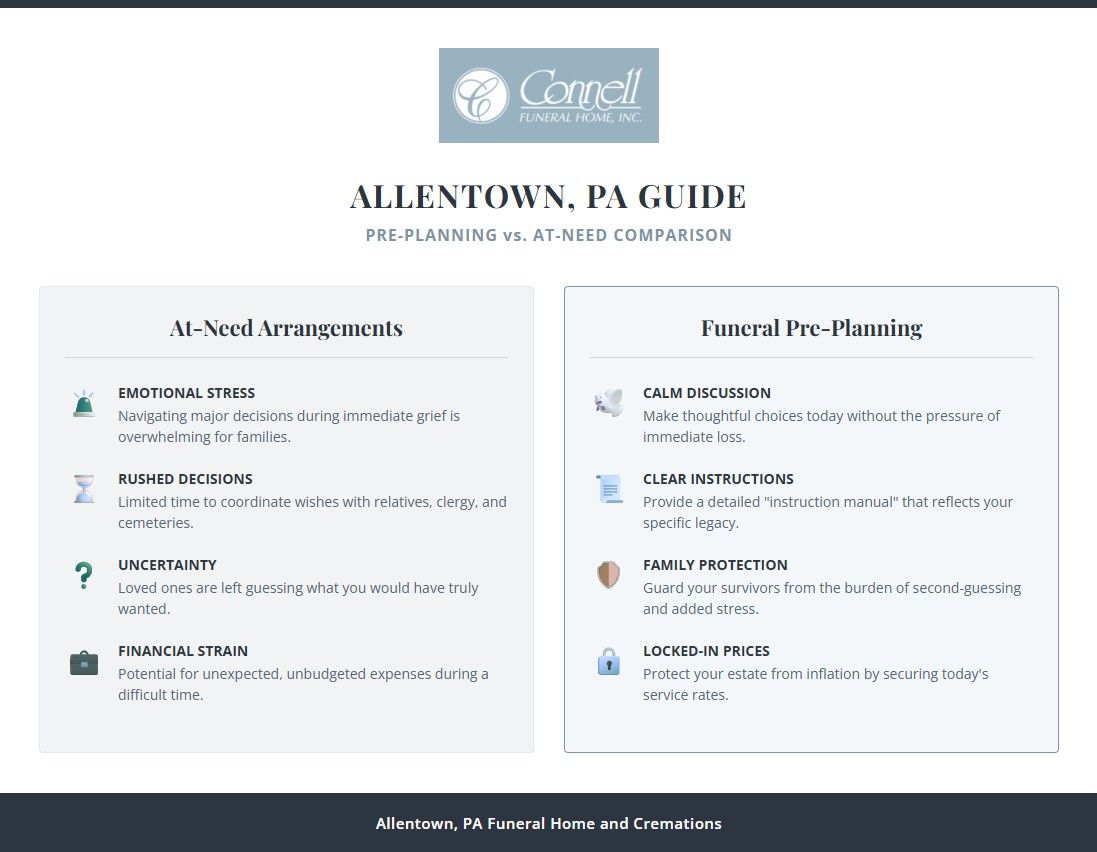 Comparison infographic for Allentown, PA Funeral Home and Cremations on pre-planning vs at-need care