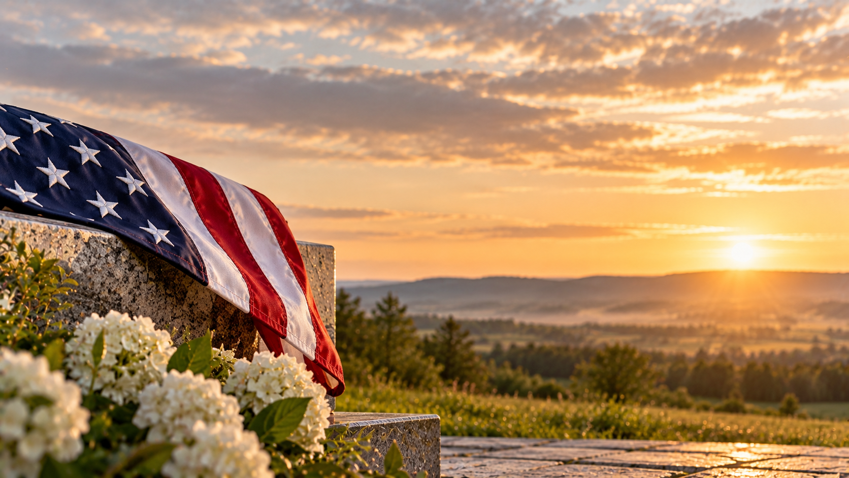 American flag draped over a memorial at sunset near funeral homes in Allentown, PA.
