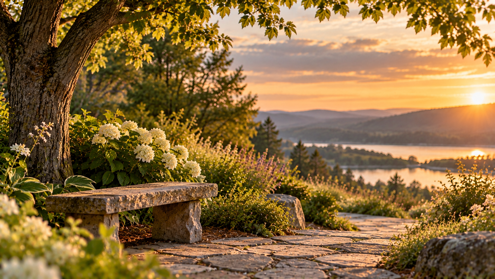 Stone bench overlooking a peaceful lake at sunset near funeral homes in Middletown, PA.