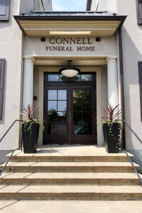 Connell entrance for Bethlehem, PA Funeral Home and Cremations with columns and glass doors