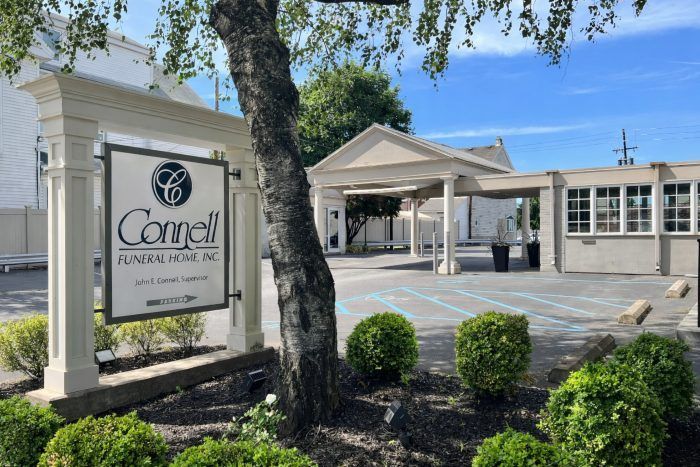 Connell entrance sign for Bethlehem, PA Funeral Home and Cremations with landscaped front drive