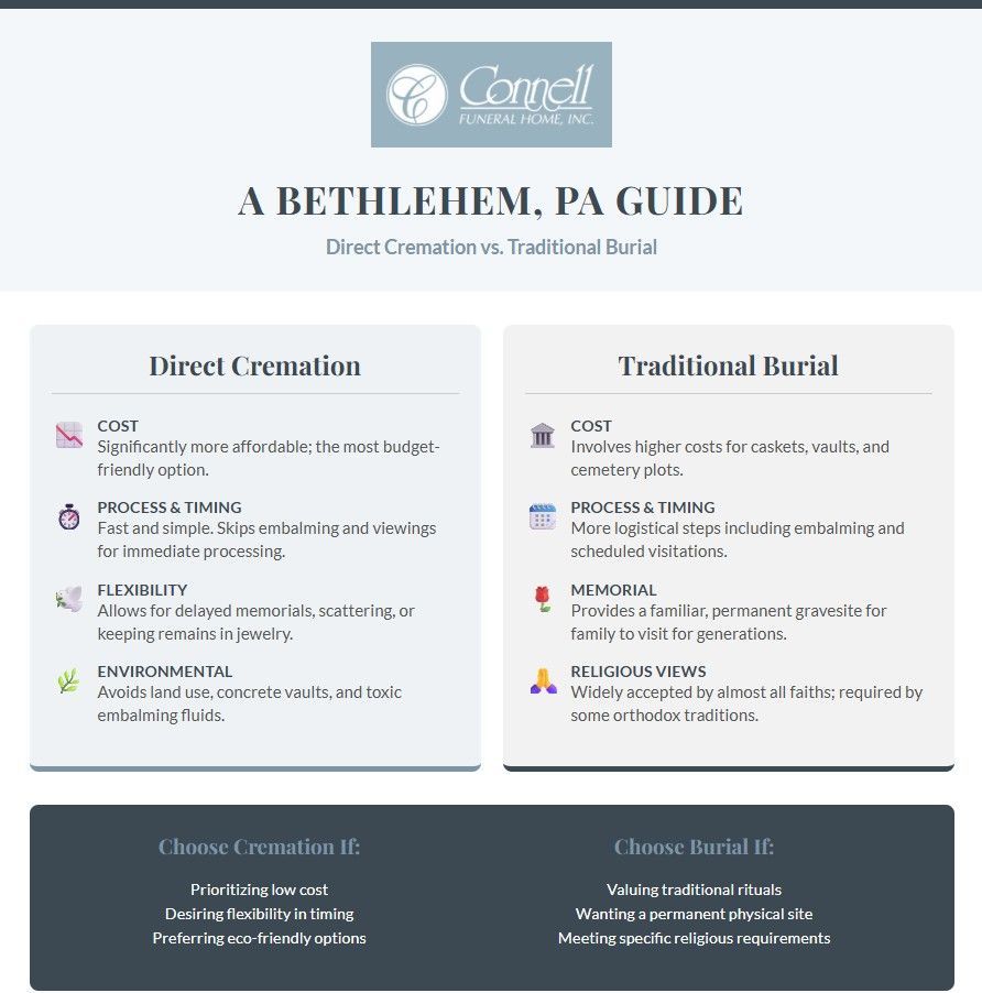 Comparison infographic for Bethlehem, PA Funeral Home and Cremations on direct cremation vs burial