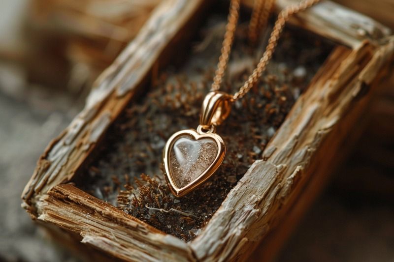 Heart pendant memorial jewelry for Bethlehem, PA Funeral Keepsakes in a rustic wooden tray