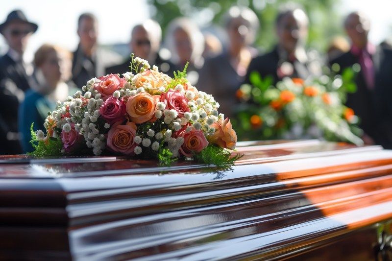 Floral-topped casket at Bethlehem, PA Traditional Funeral with mourners in the background