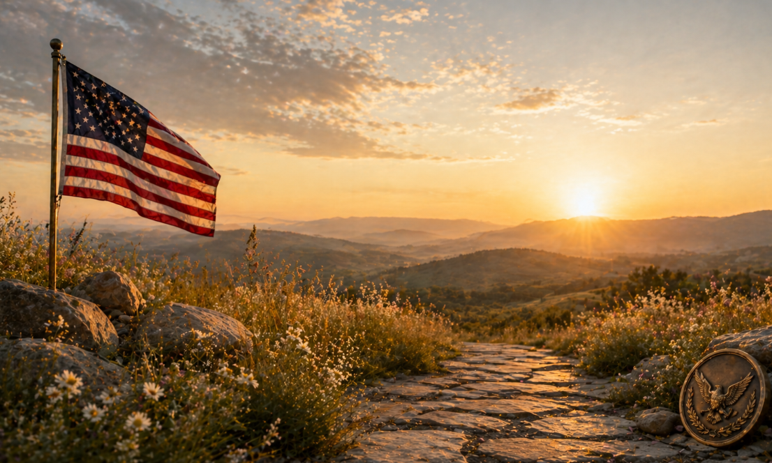 American flag overlooking a peaceful mountain landscape at sunrise, cremation services Allentown, PA