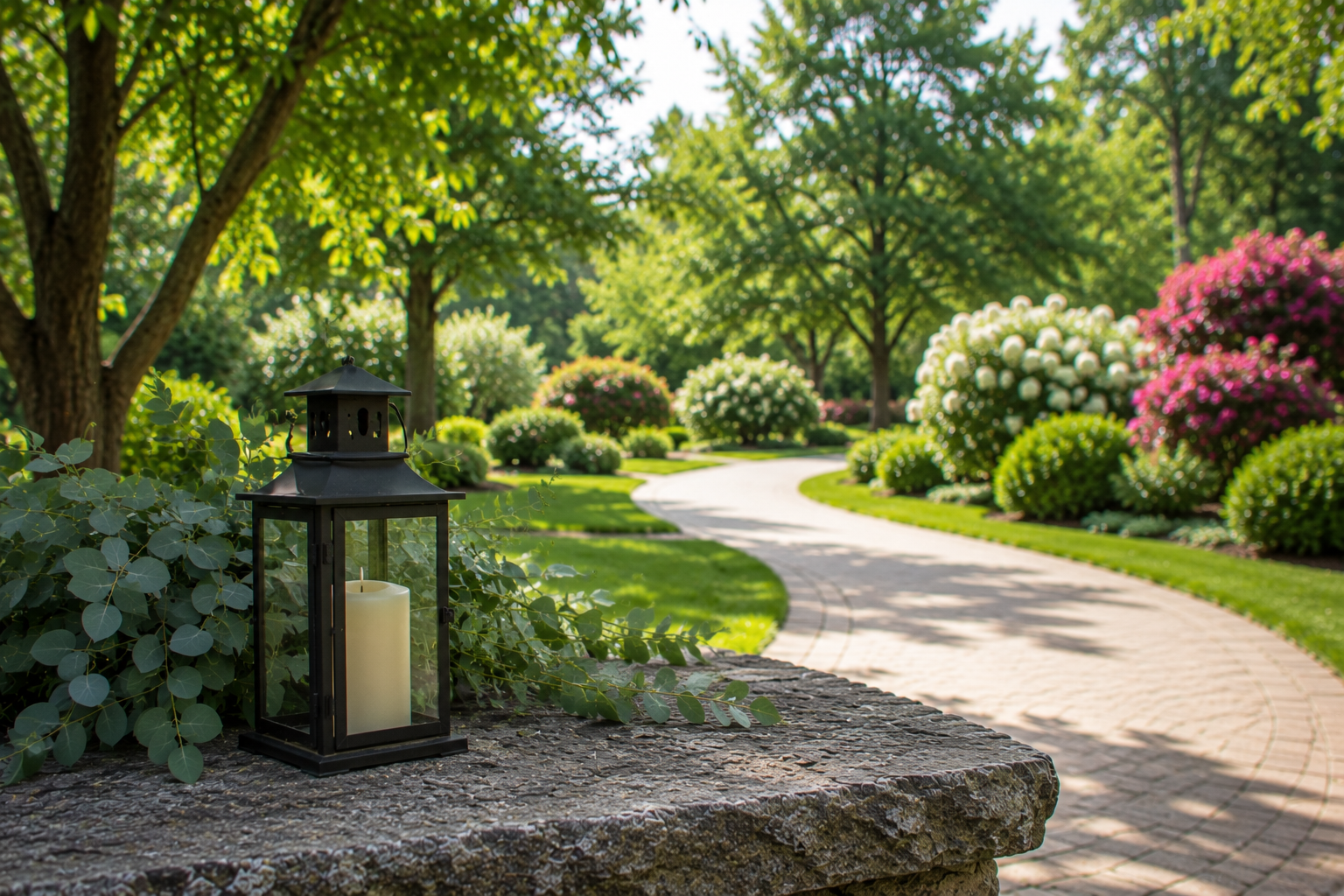 Memorial lantern beside a garden path for cremation services in Allentown, PA.