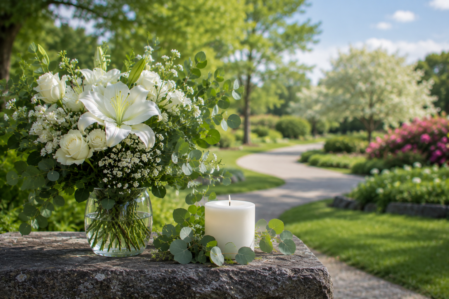 White floral arrangement and memorial candle for cremation services in Bethlehem, PA.