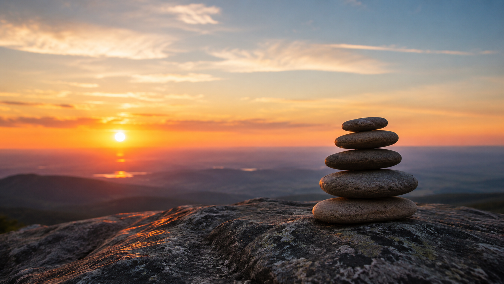 Stacked memorial stones at sunset symbolizing peace and reflection for cremation services in Middlet