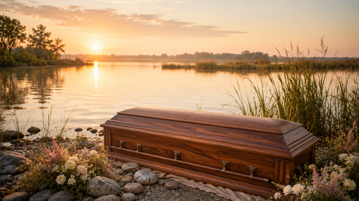 Elegant wooden casket at sunset with soft floral arrangements, funeral homes Allentown, PA