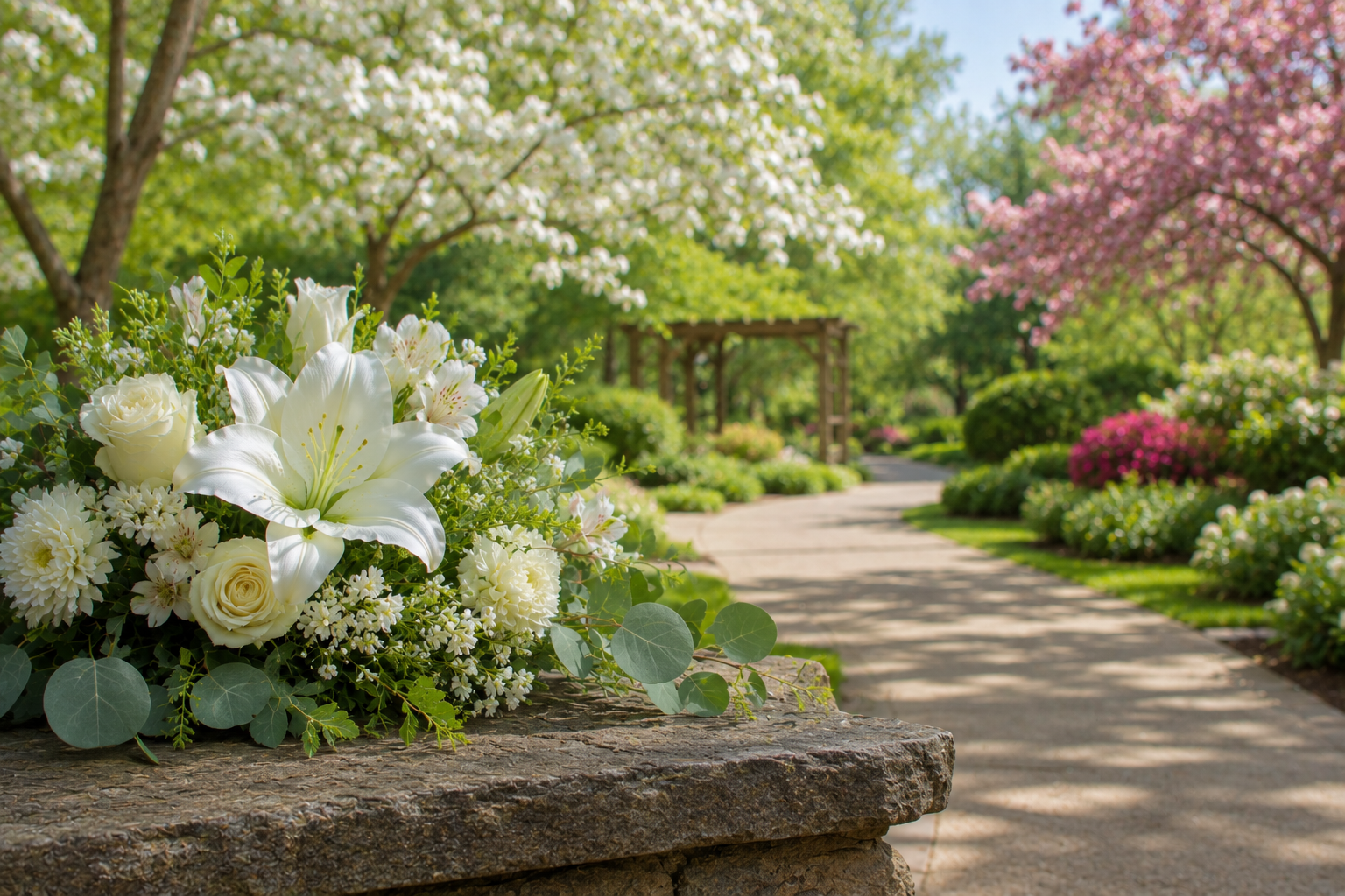 White floral arrangement in a peaceful garden for funeral homes in Allentown, PA.