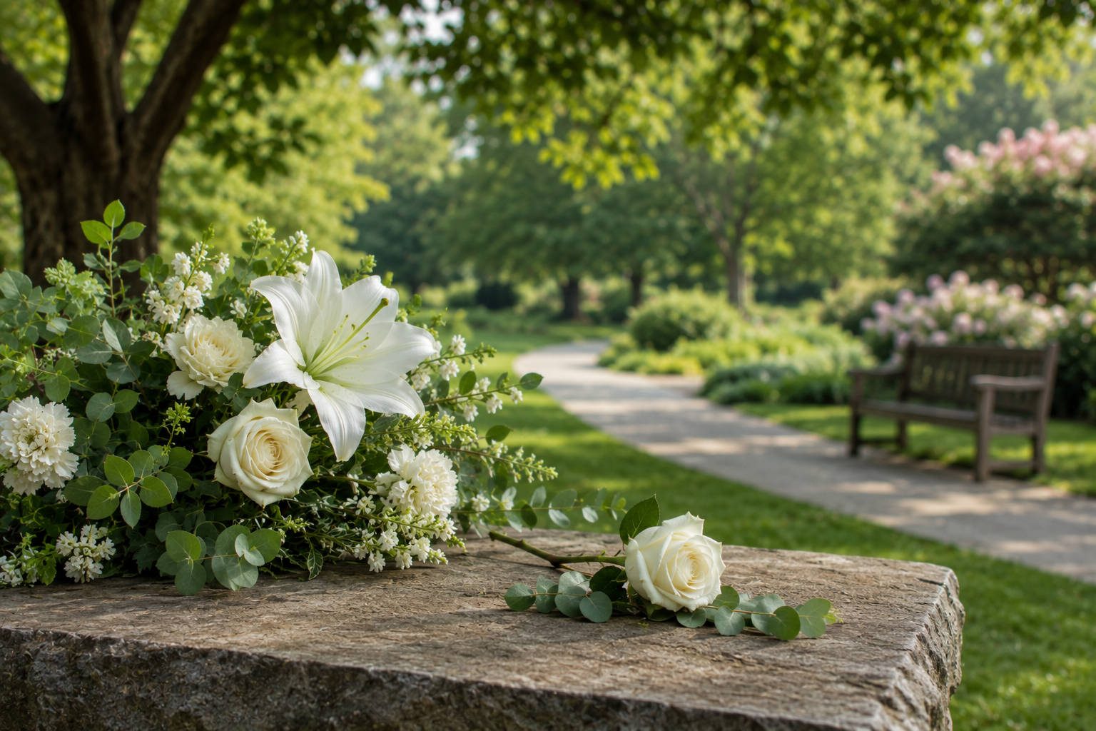 White lilies and roses in memorial garden for funeral homes in Bethlehem, PA.