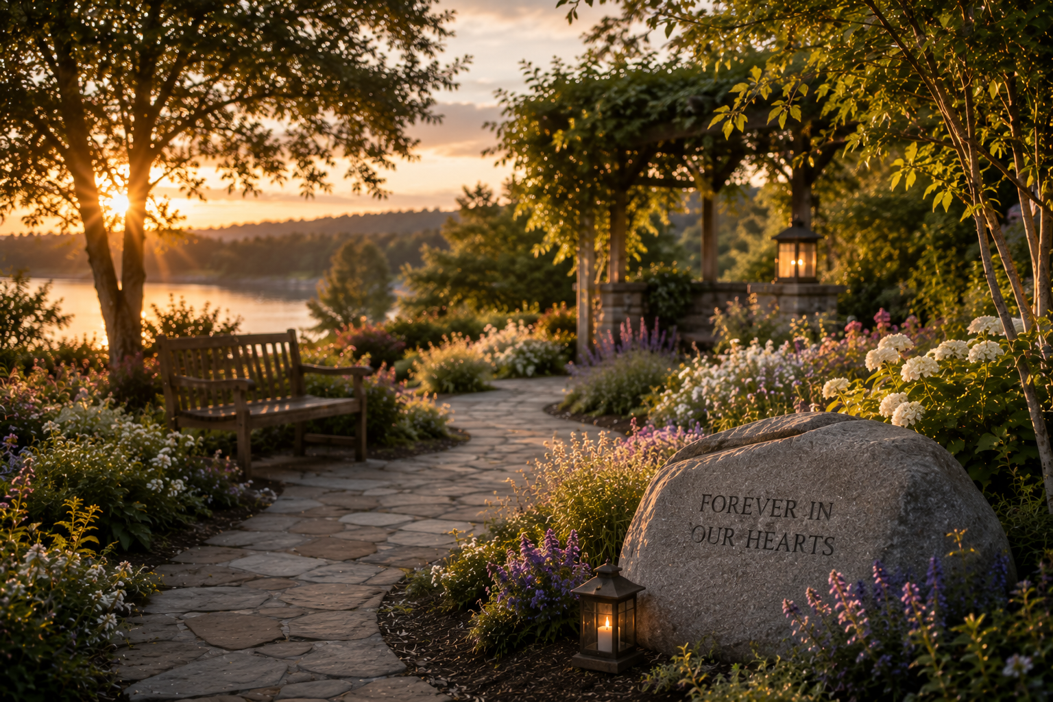 Memorial garden with stone path, bench, and engraved tribute stone at sunset in Middletown, PA.