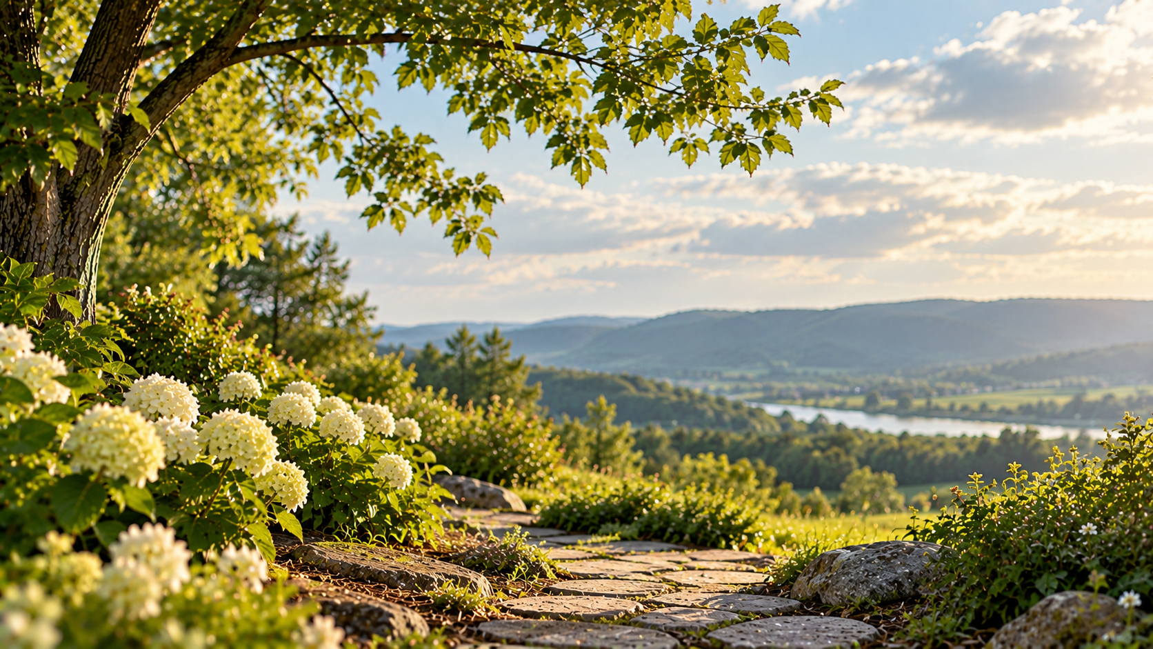 Sunlit garden path overlooking rolling hills near cremation services in Middletown, PA.
