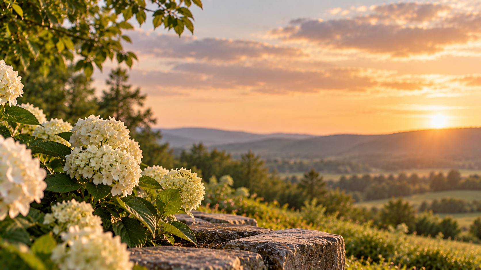 White hydrangeas overlooking rolling hills at sunset for cremation services in Allentown, PA.