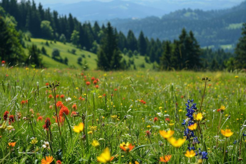 Peaceful wildflower meadow for Middletown, PA Funeral Home and Cremations with hills and pine trees
