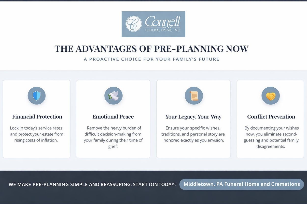 Pre-planning infographic for Middletown, PA Funeral Home and Cremations with four key benefits