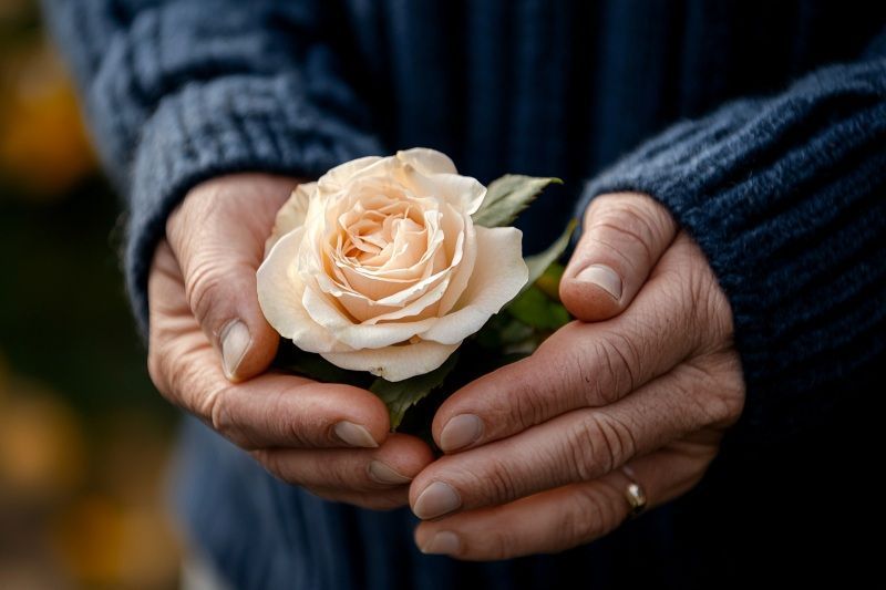 Hands holding a cream rose for Middletown, PA Personalization Services in a quiet memorial moment