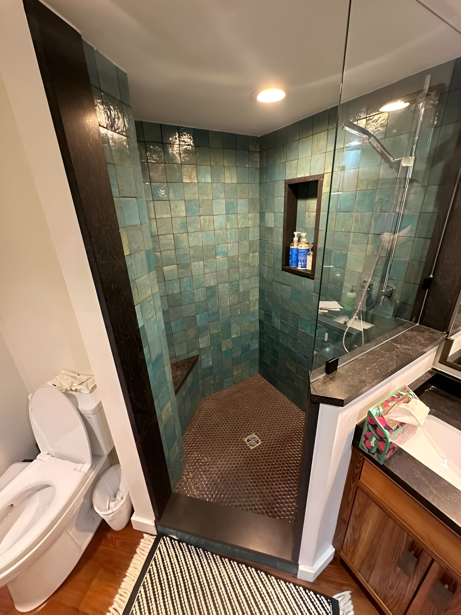 Small teal-tiled shower with a copper-colored floor. Glass door, built-in shelf, toilet, and vanity visible.