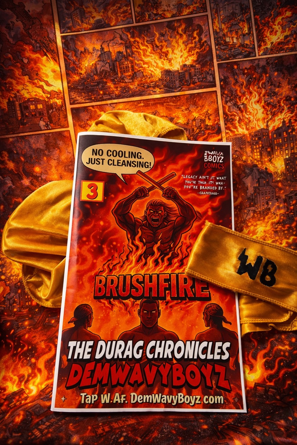 Comic-style background panel with fiery textures from the DemWavyBoyz universe